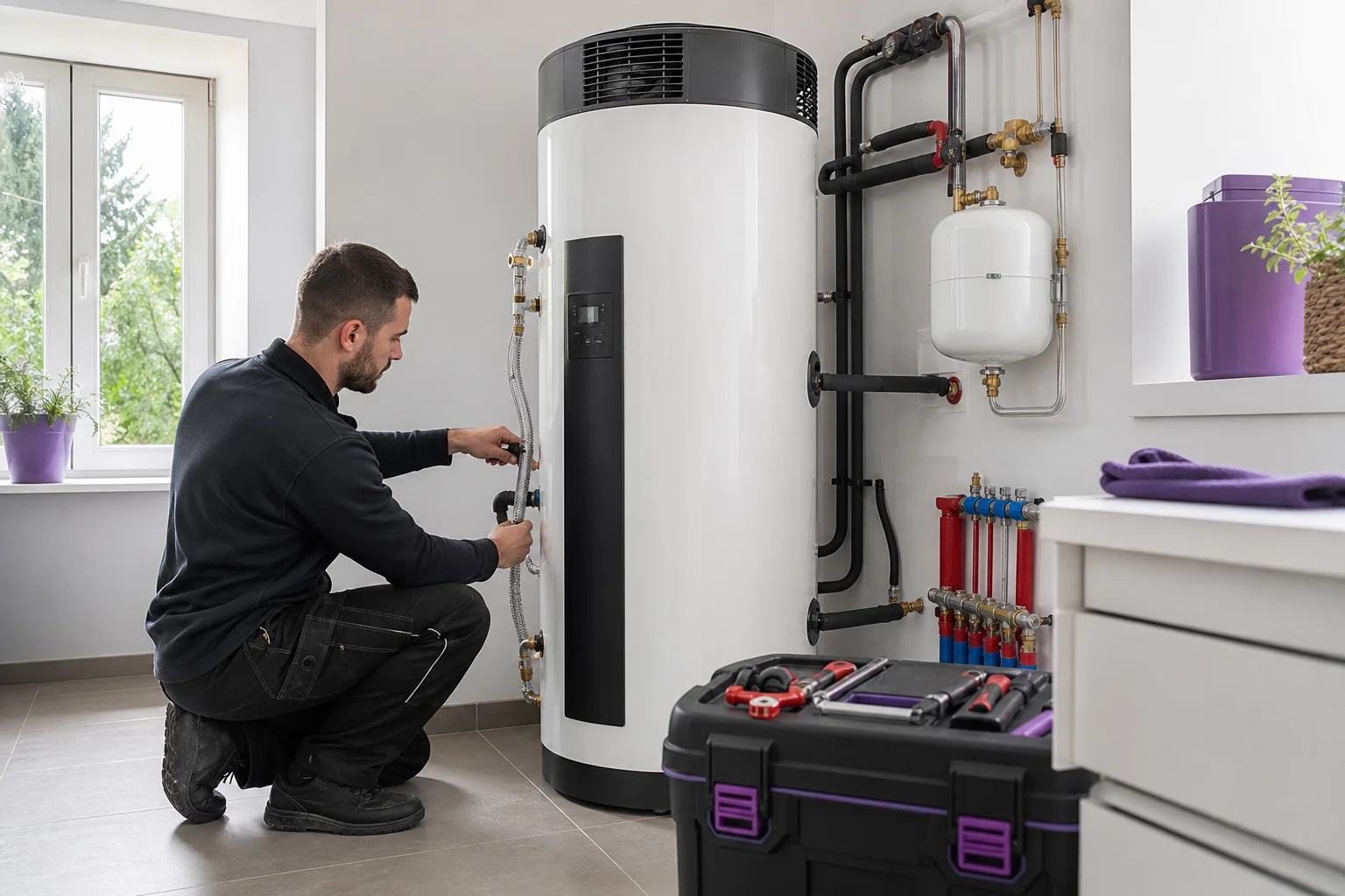 Technicien installant un ballon thermodynamique dans une maison